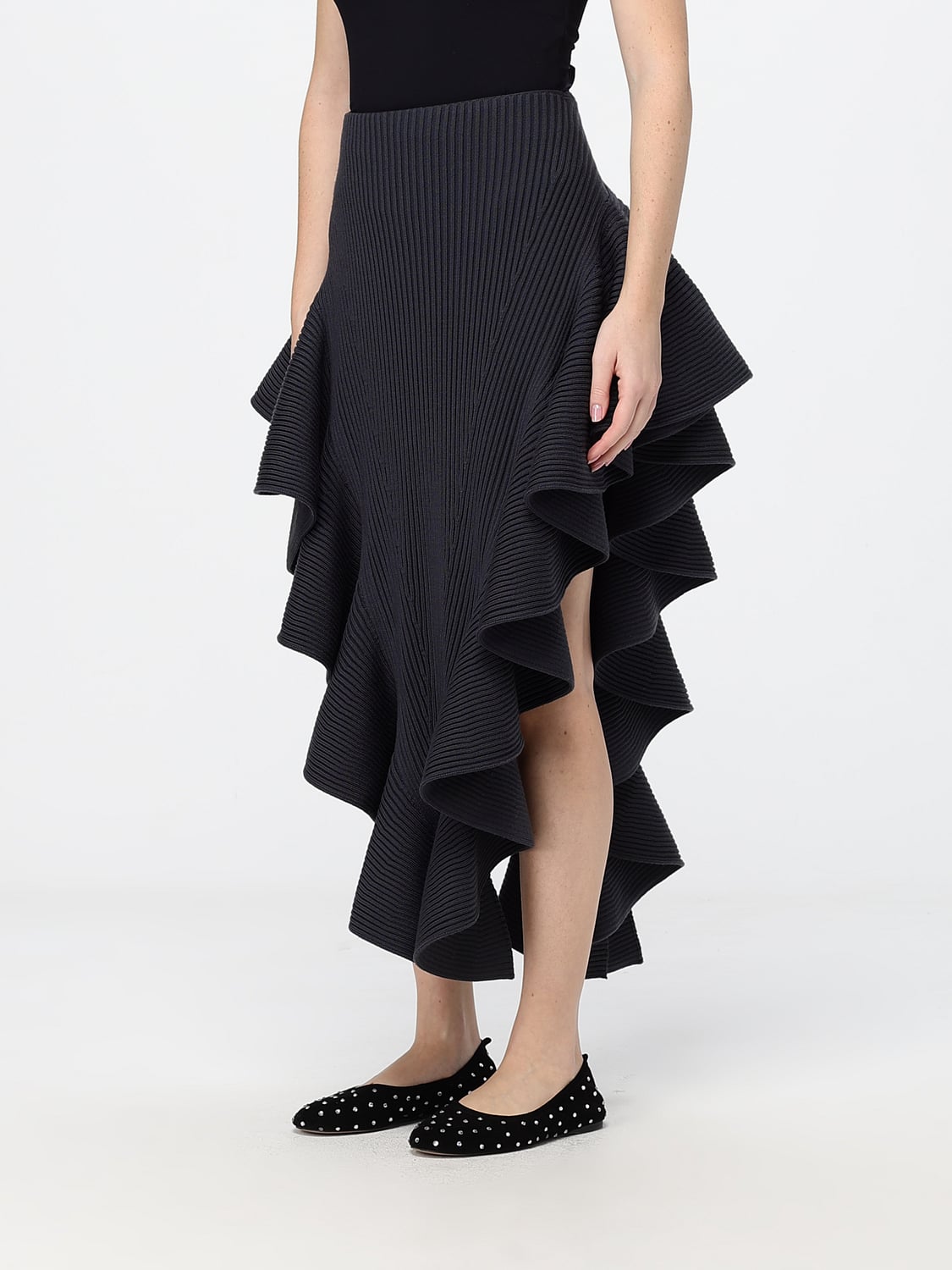 Alaia Women Alaia Asymmetrical Pleated Knit Midi Skirt In Wool Blend With High Waist ALAIA