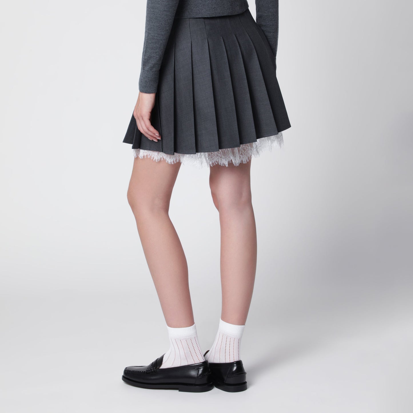Self Portrait Pleated Wool Mini Skirt With Lace Trim In Grey Women SELF-PORTRAIT