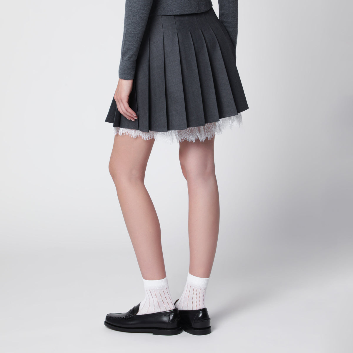 Self-Portrait Pleated Wool Mini Skirt With Lace Trim In Grey Women SELF-PORTRAIT