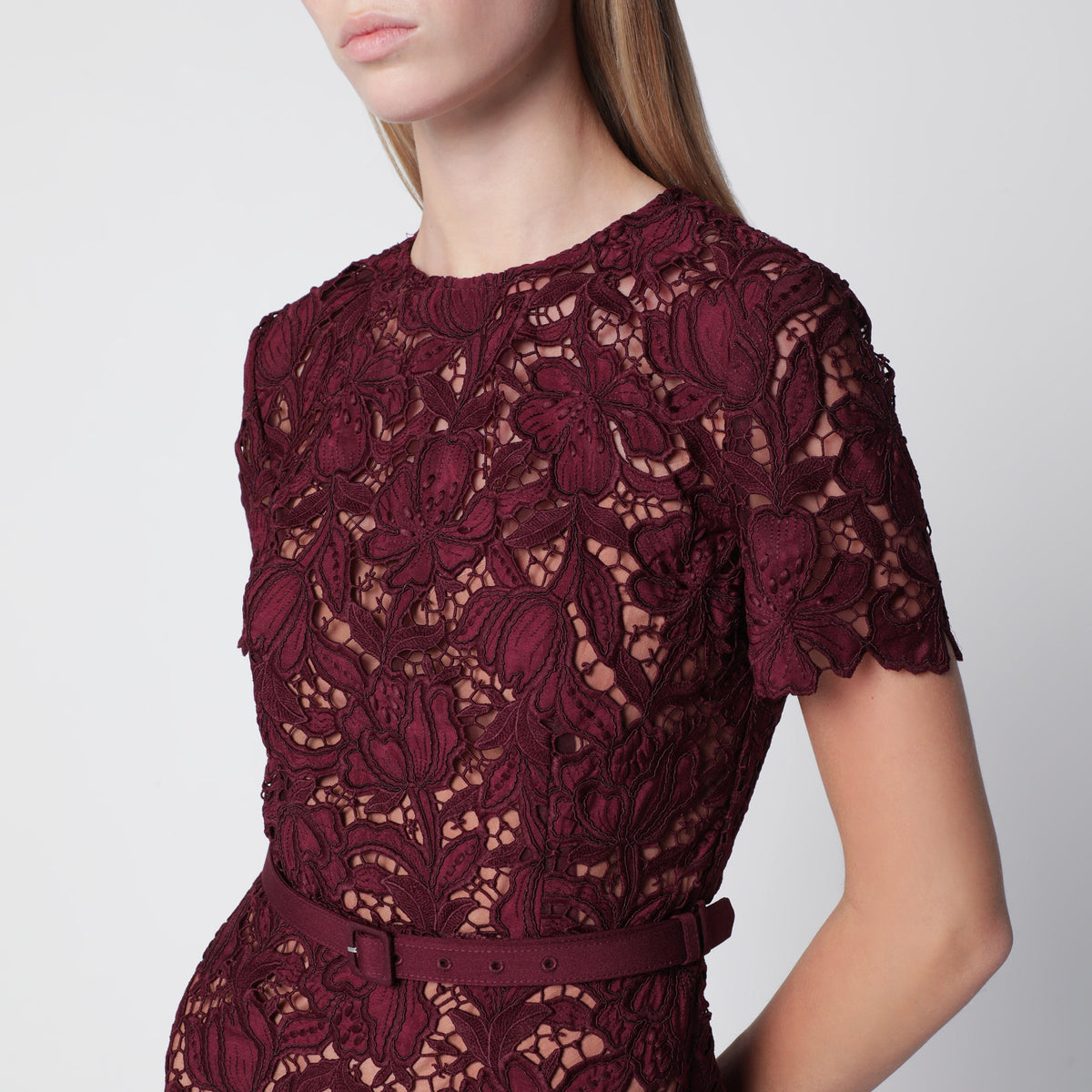 Self-Portrait Burgundy Lace Midi Dress With Removable Belt Women SELF-PORTRAIT