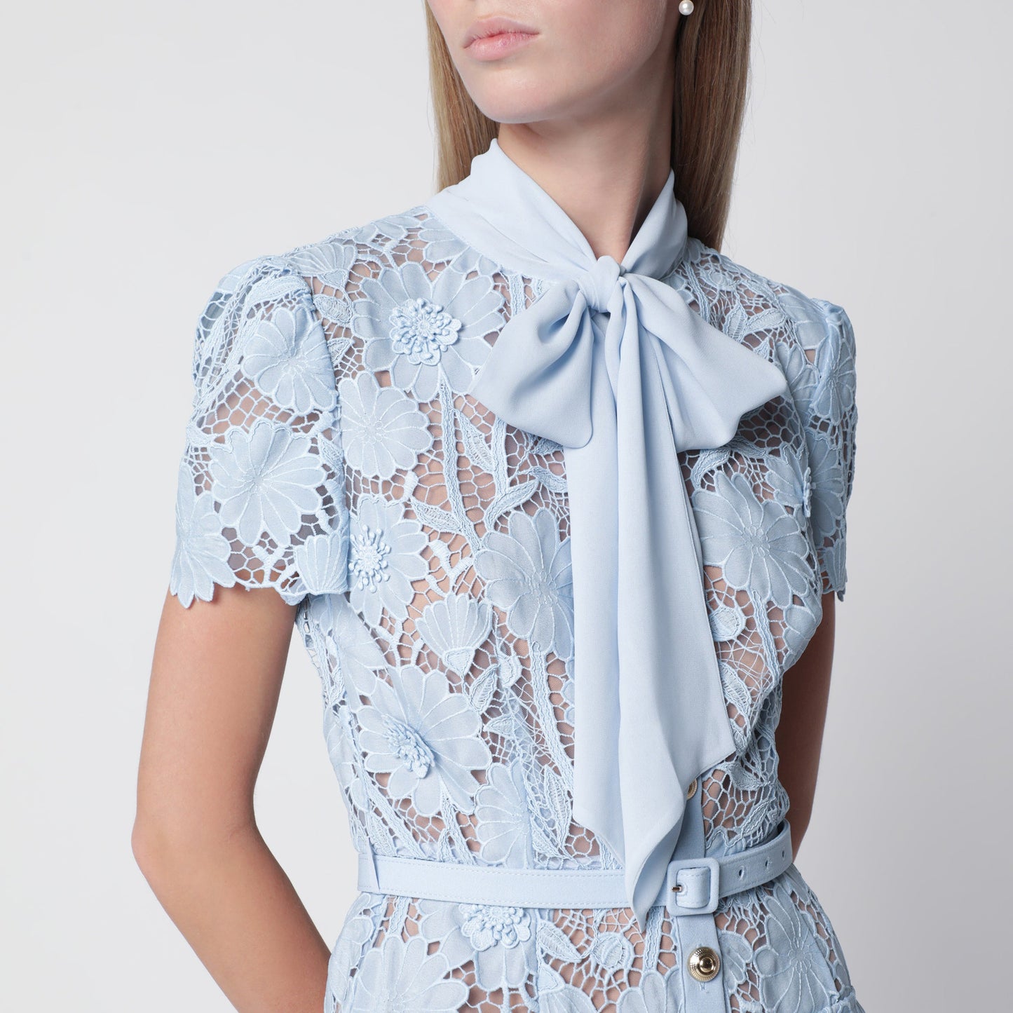 Self-Portrait Tie-Neck Lace Midi Dress In Blue Women SELF-PORTRAIT