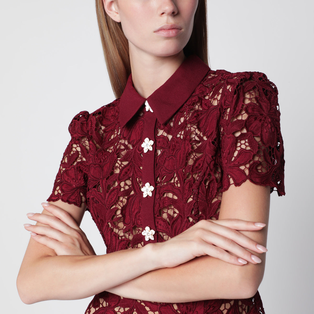 Self-Portrait Lace Mini Dress With Floral Buttons In Burgundy Women