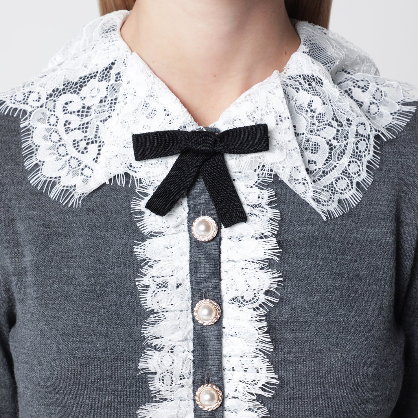 Self Portrait Knitted Wool Cardigan With Lace Collar In Grey Women SELF-PORTRAIT