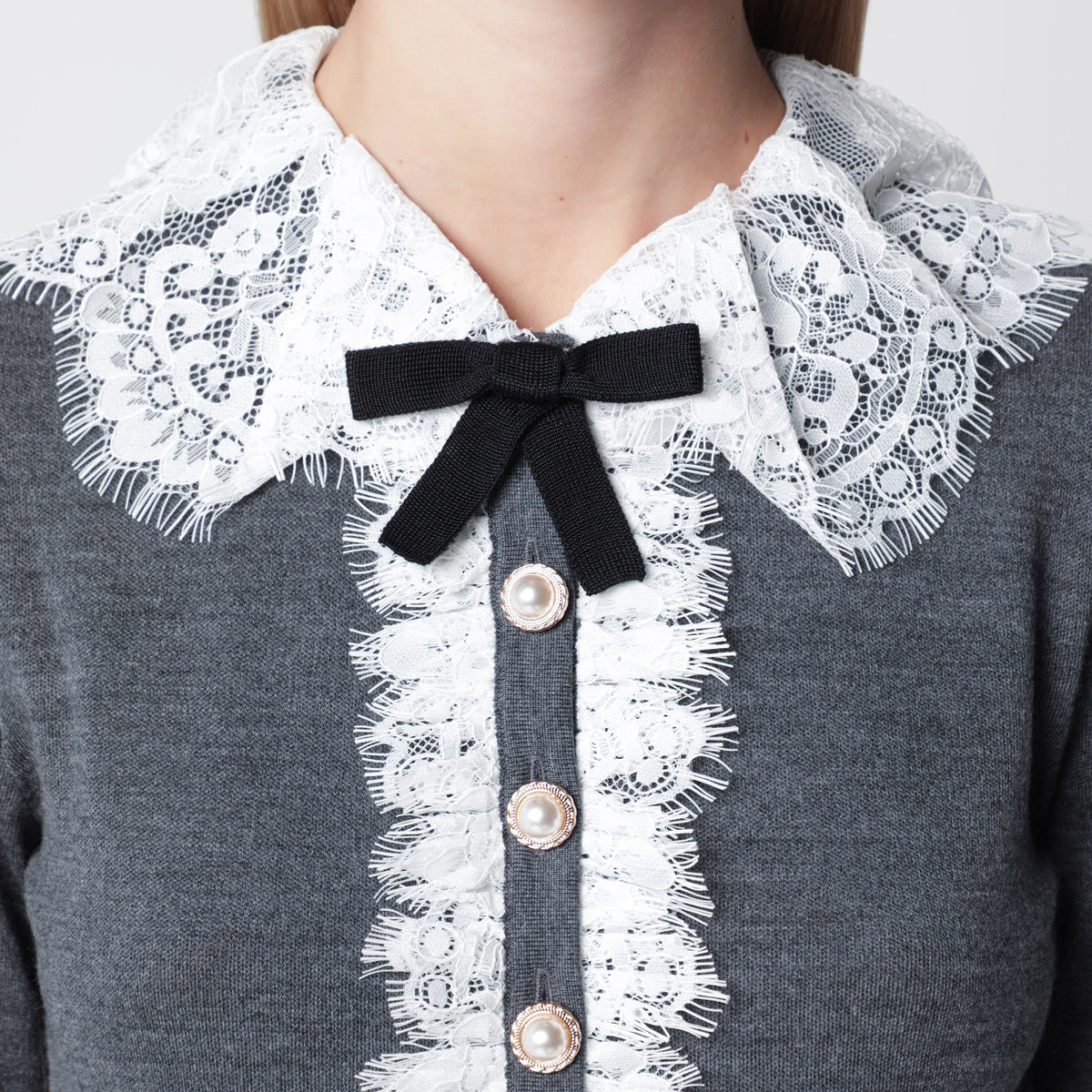 Self-Portrait Knitted Wool Cardigan With Lace Collar In Grey Women SELF-PORTRAIT