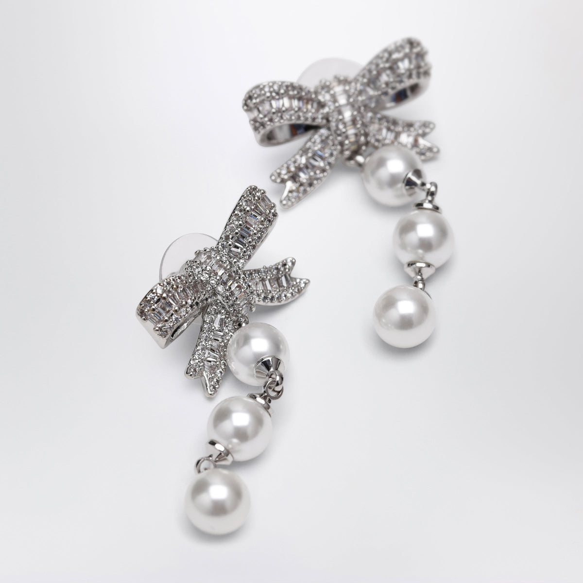 Self-Portrait Crystal Bow And Pearl Drop Earrings In Silver Women SELF-PORTRAIT