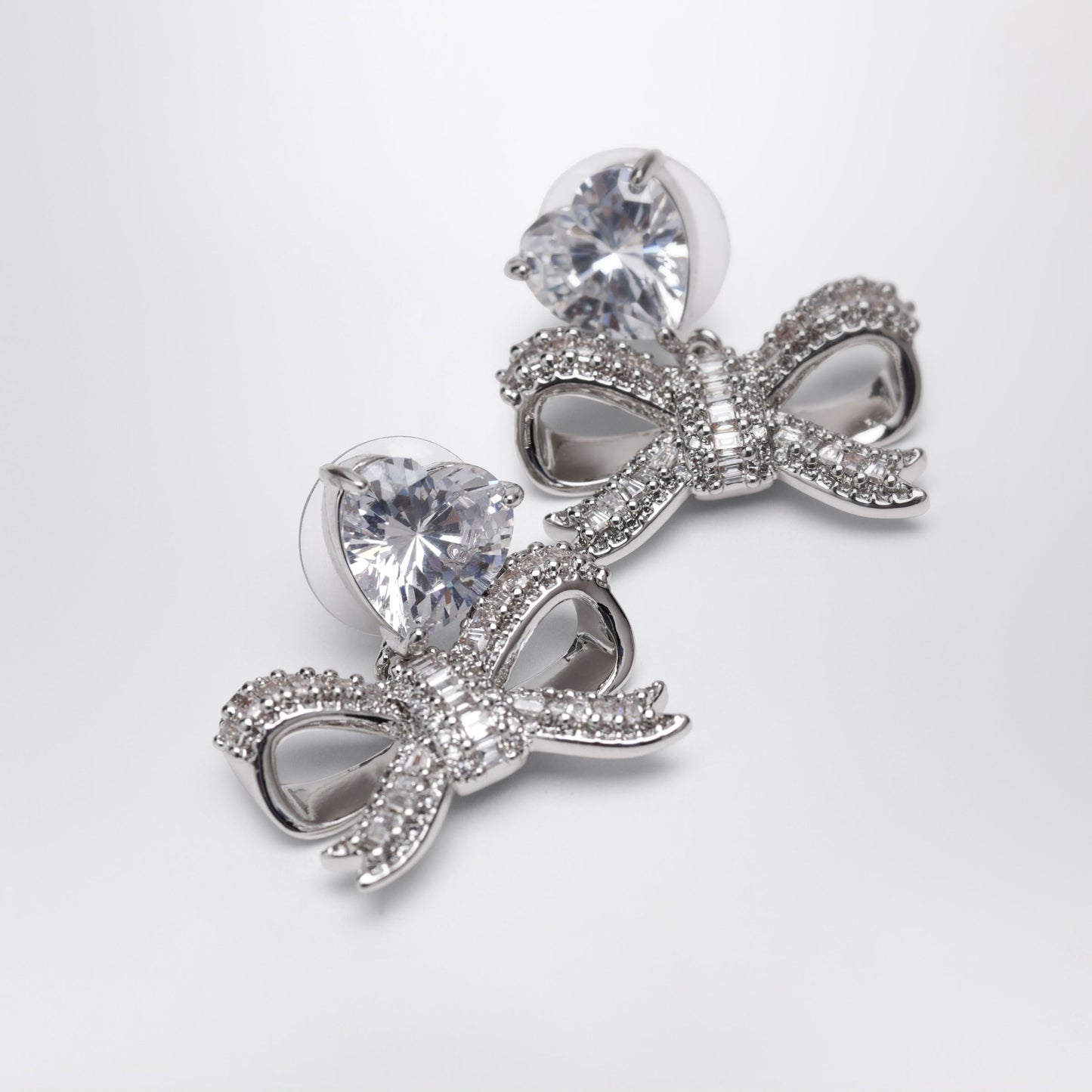 Self-Portrait Heart Drop Earrings With Crystal Bow In Silver Women SELF-PORTRAIT