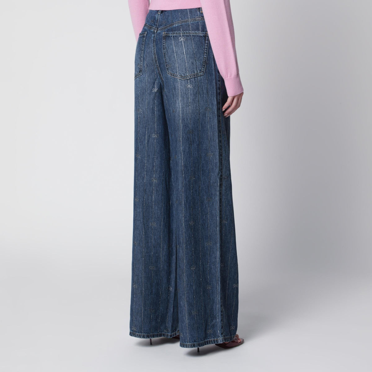 Self Portrait Wide-Leg Denim Jeans With Rhinestone Stripes In Blue Women SELF-PORTRAIT