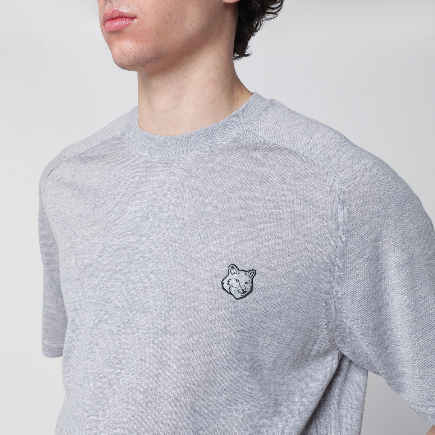 Maison Kitsune Grey Melange Fox Head Wool Sweater Men Maison Kitsune