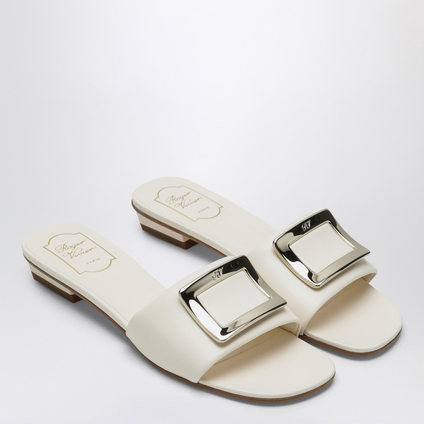 Roger Vivier Square Buckle Leather Slides White Women ROGER VIVIER