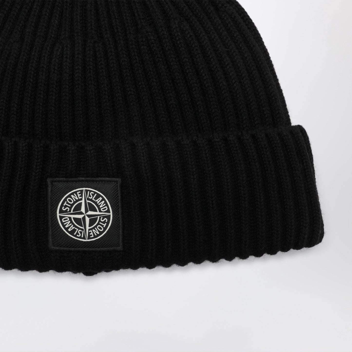 Stone Island Compass Patch Beanie In Black Wool Men STONE ISLAND