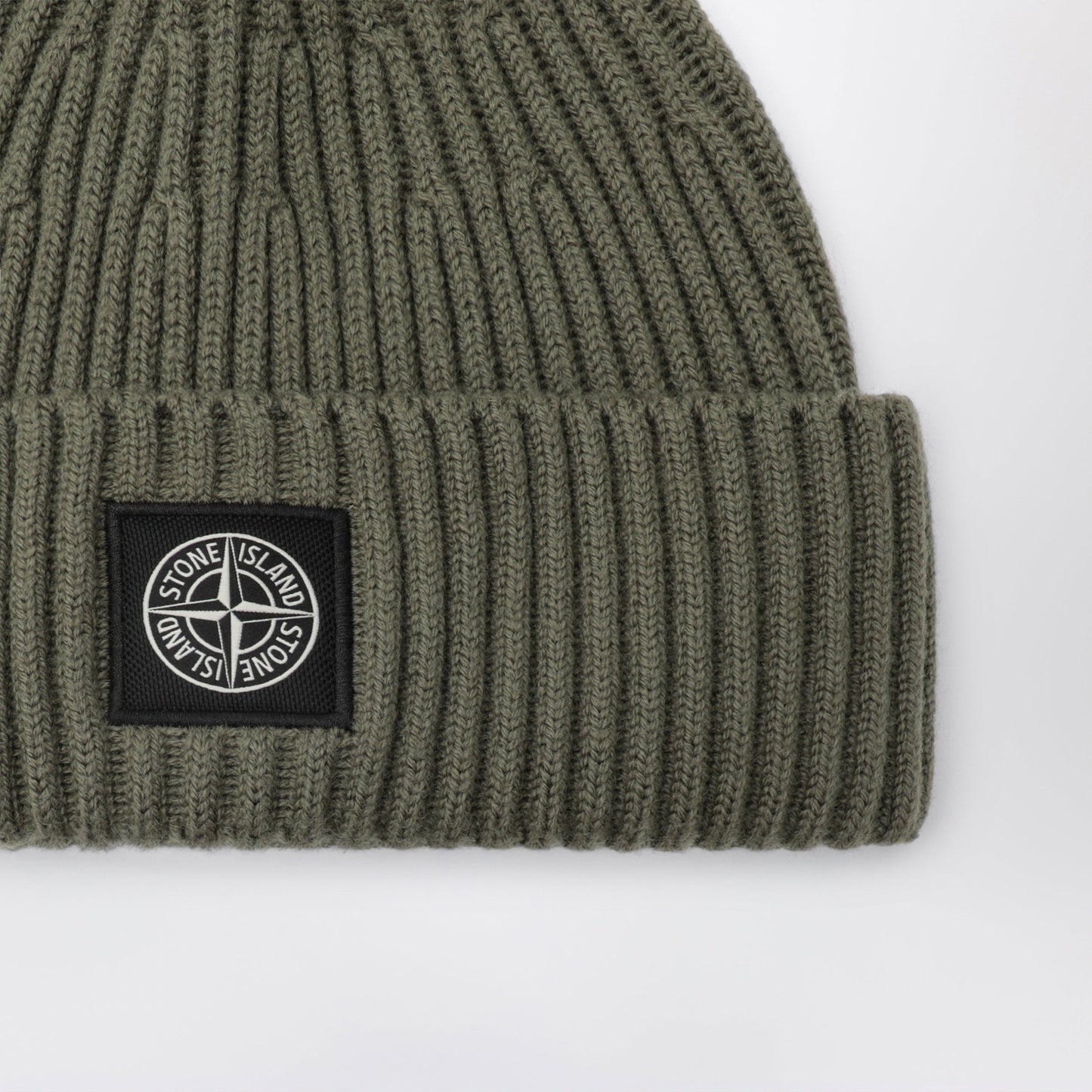Stone Island Green Ribbed Wool Beanie With Compass Patch Men STONE ISLAND