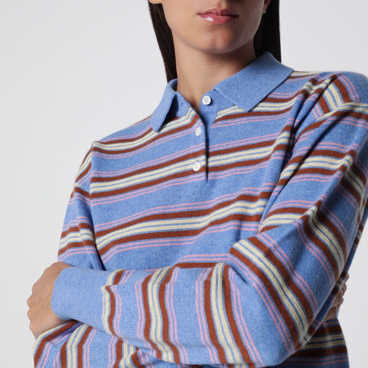 Guest In Residence Collegiate Stripe Polo Sweater Delft Blue Women GUEST IN RESIDENCE