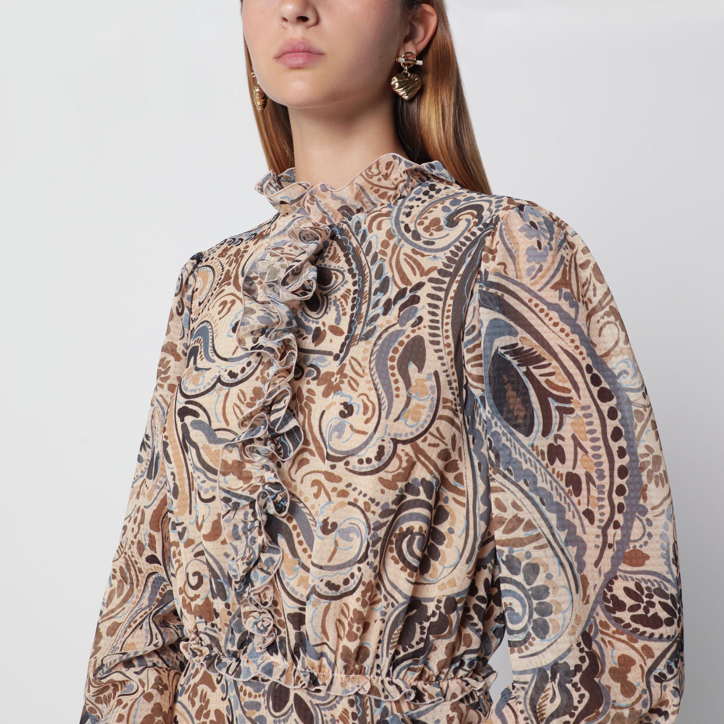 Etro Beige Ruffle Dress With Multicolour Print Women ETRO