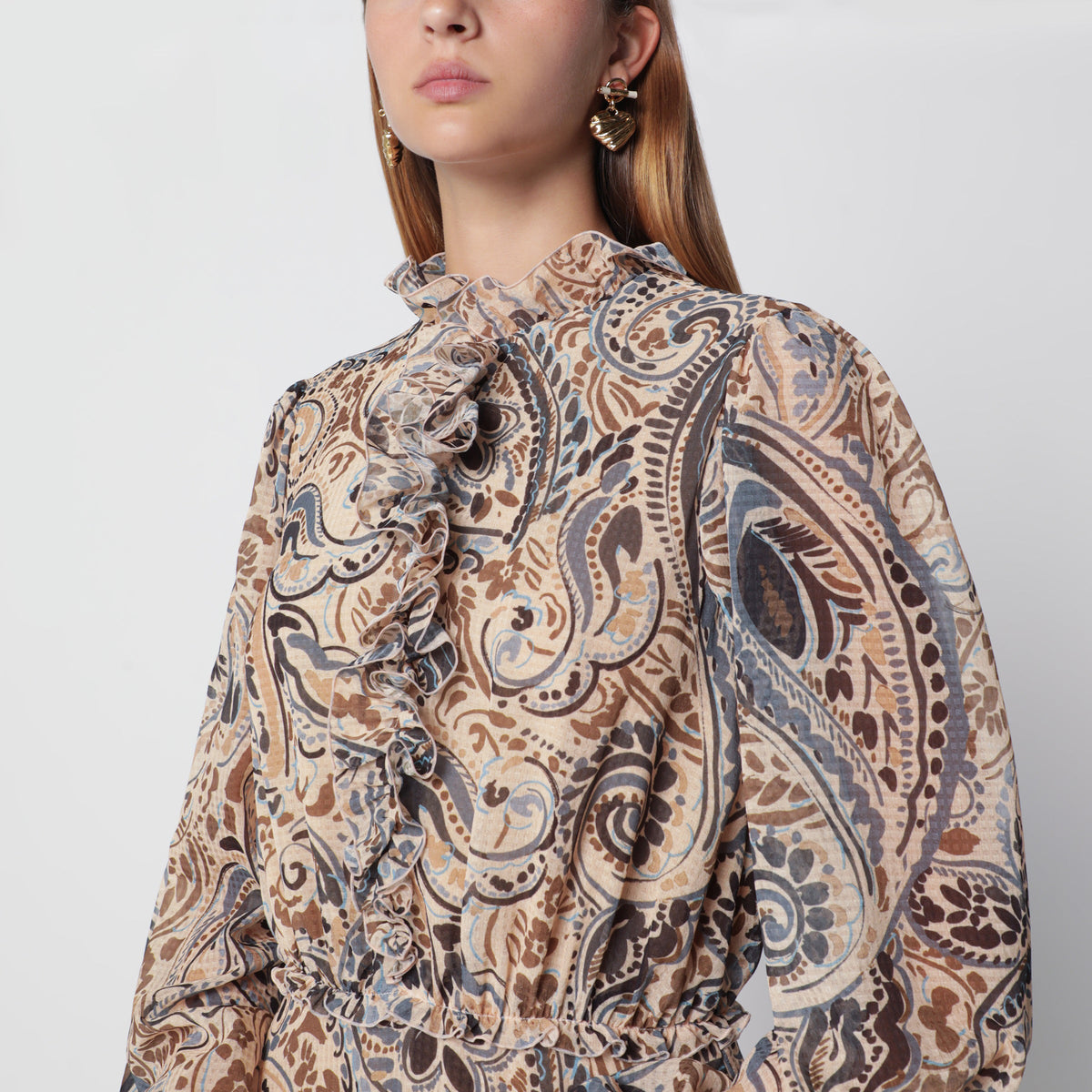 Etro Beige Ruffle Dress With Multicolour Print Women ETRO
