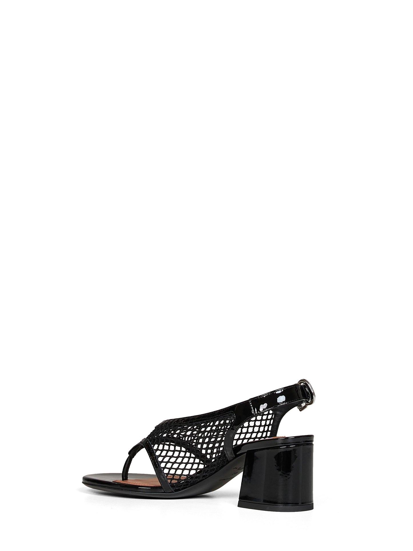 Alaïa Women Black Fishnet And Patent Leather Heeled Thong Sandals