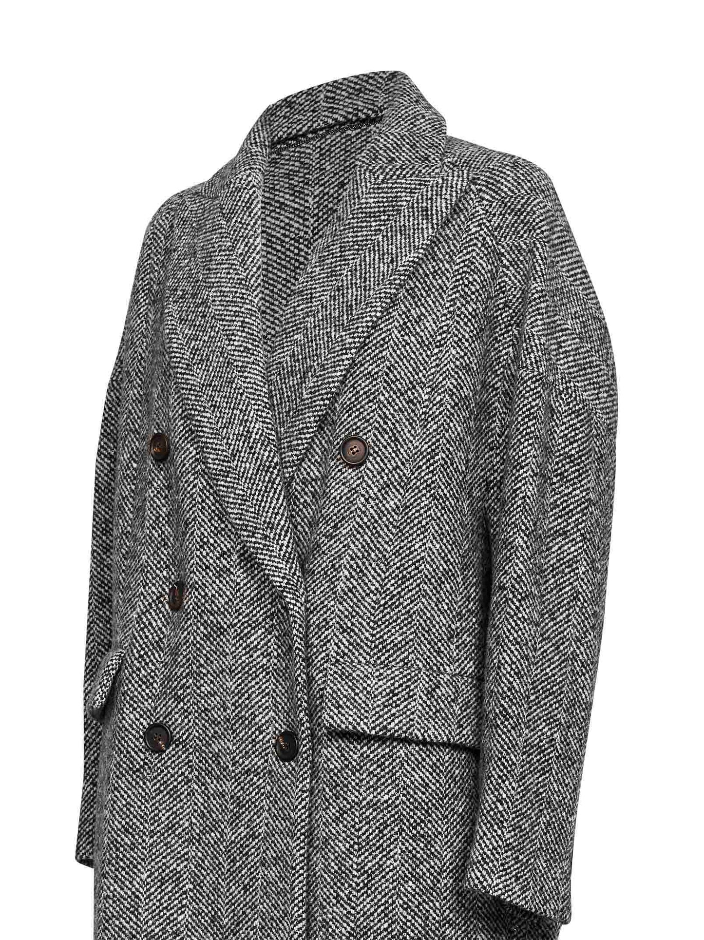 Brunello Cucinelli Women Grey Herringbone Double-Breatsed Coat BRUNELLO CUCINELLI