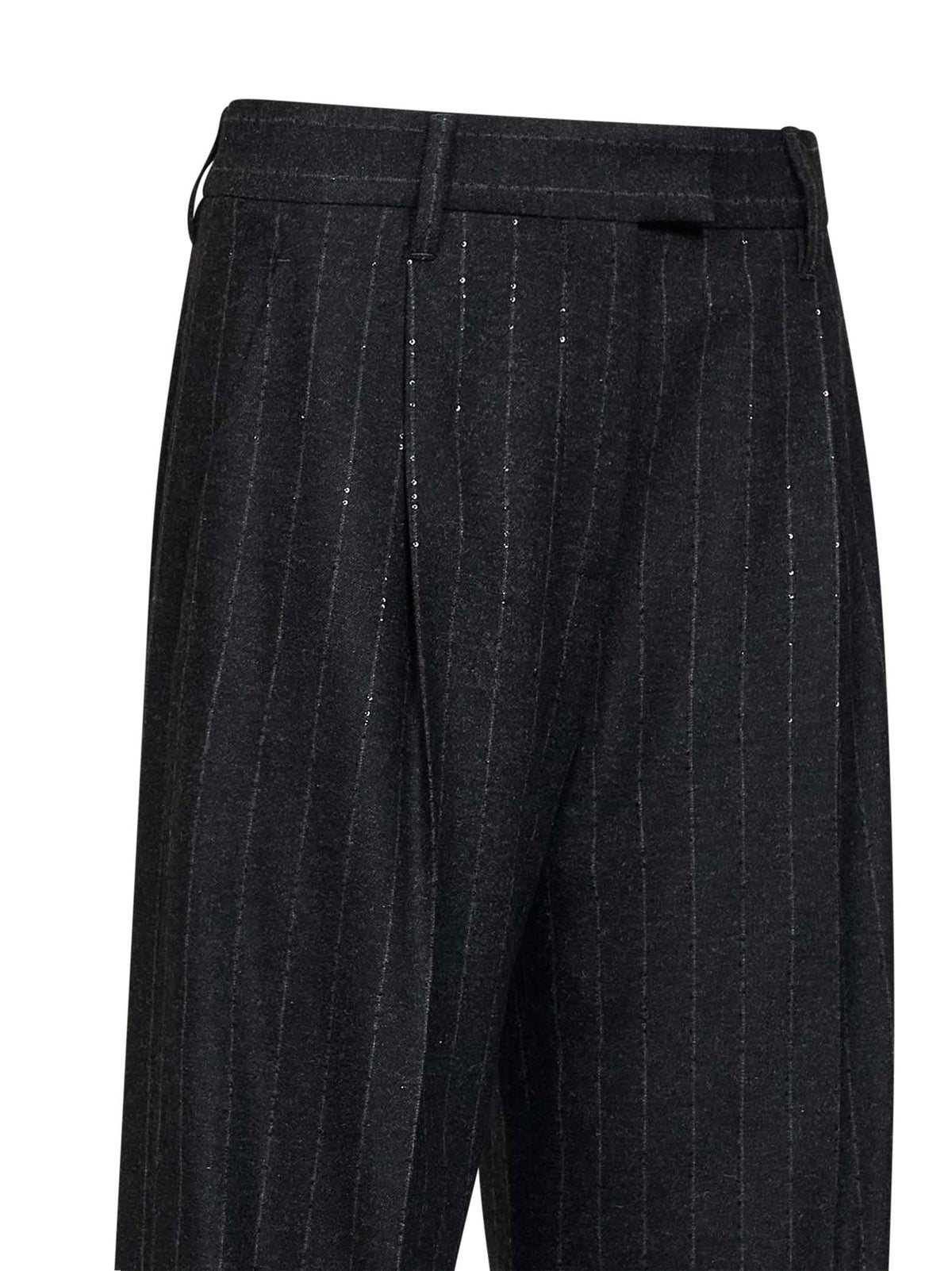 Brunello Cucinelli Women Anthracite Sequin Pinstriped Wool Blend Loose Pleated Trousers BRUNELLO CUCINELLI