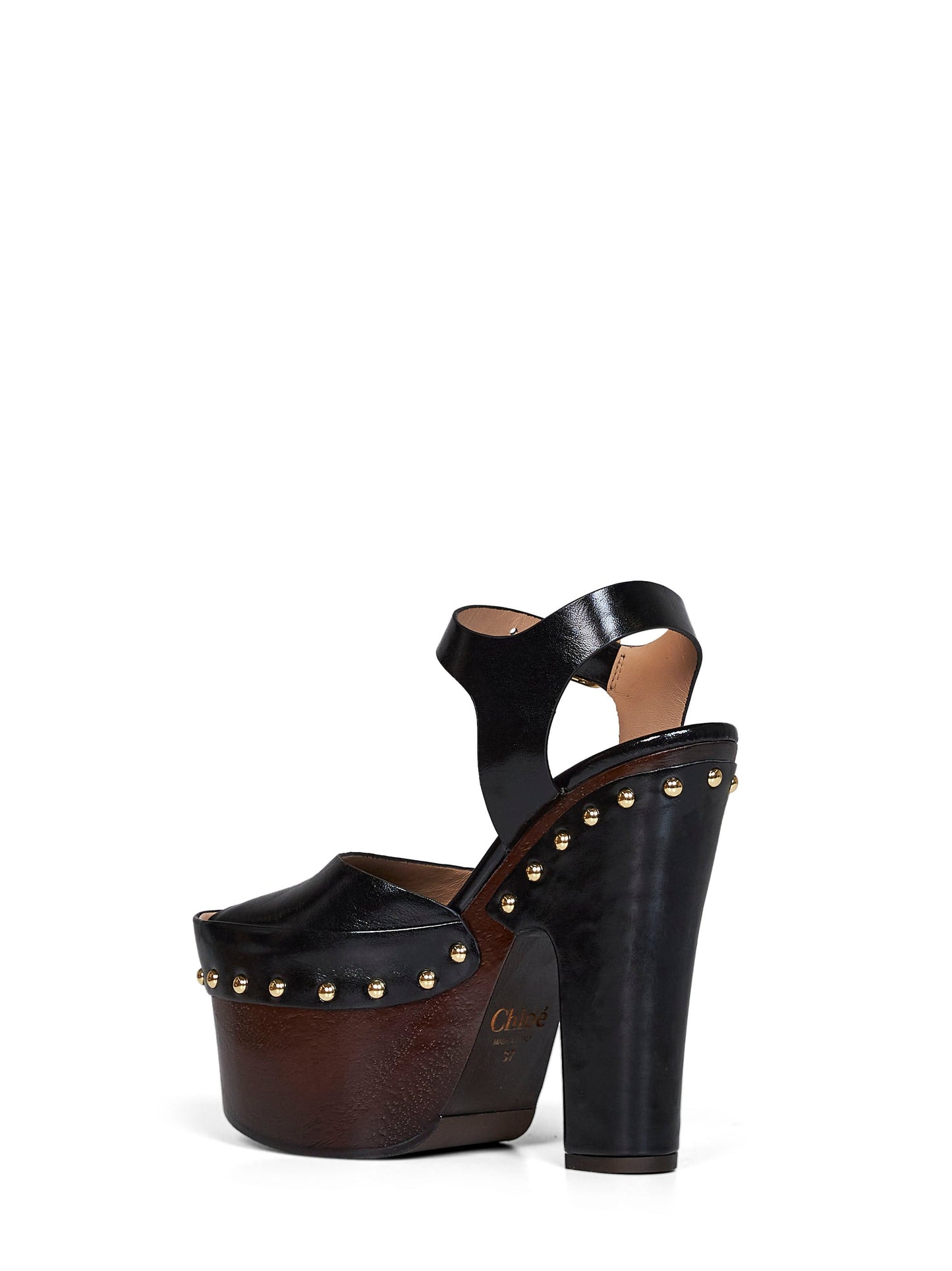 Chloé Women Black Shiny Calfskin Leather Meret Platform Clogs CHLOE