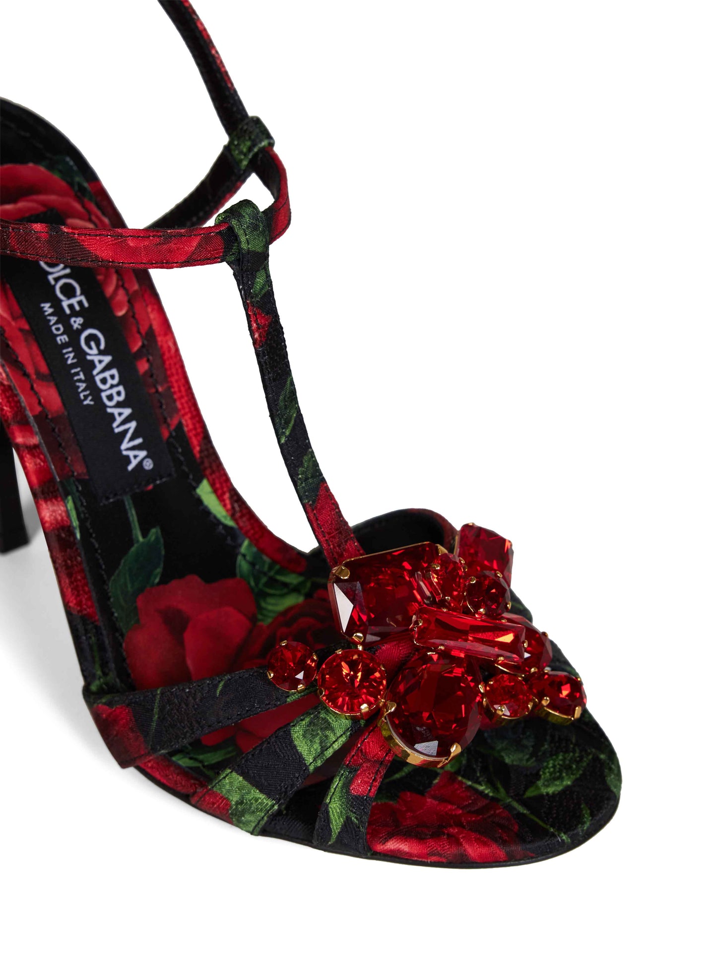Dolce & Gabbana Women Black Rose-Print Brocade Sandals With Jeweled Brooch DOLCE & GABBANA