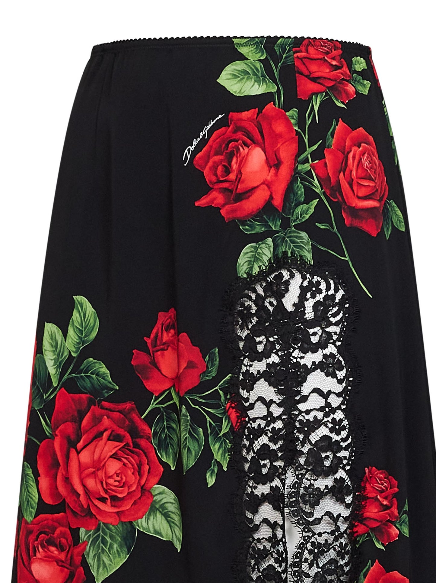 Dolce & Gabbana Women Black Rose-Print Silk-Blend And Black Flared Midi Skirt DOLCE & GABBANA