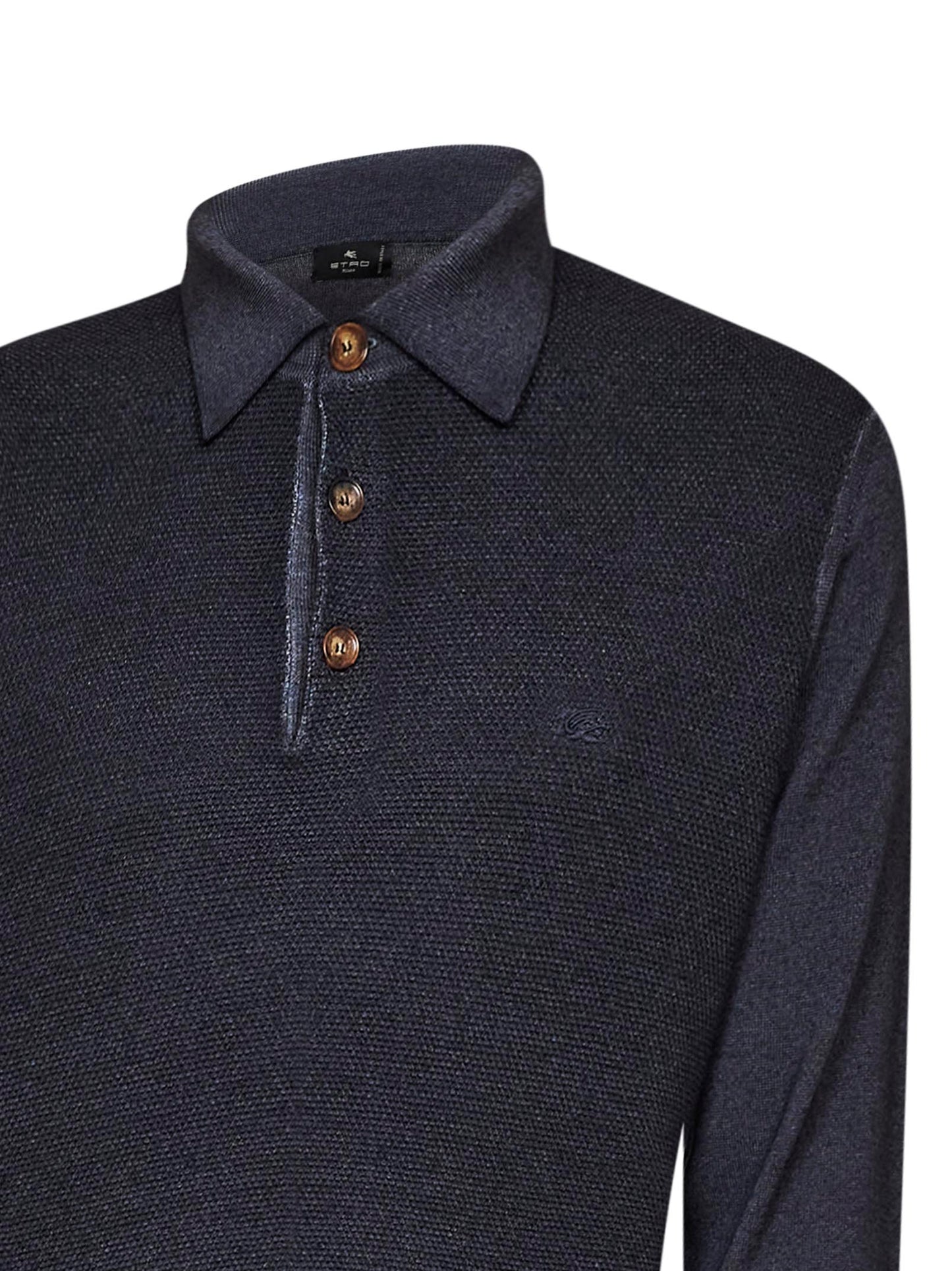 Etro Men Indigo Two-Tone Wool Knit Logo-Embroidered Polo Shirt ETRO