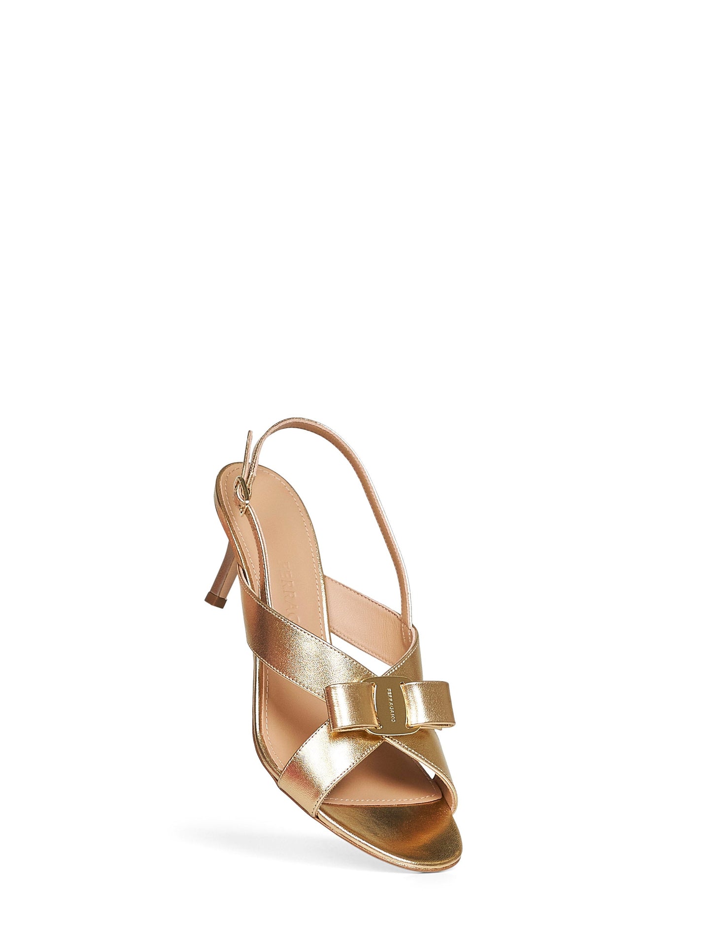 Ferragamo Women Gold Laminated Nappa Leather Rima Vara Bow Sandals FERRAGAMO
