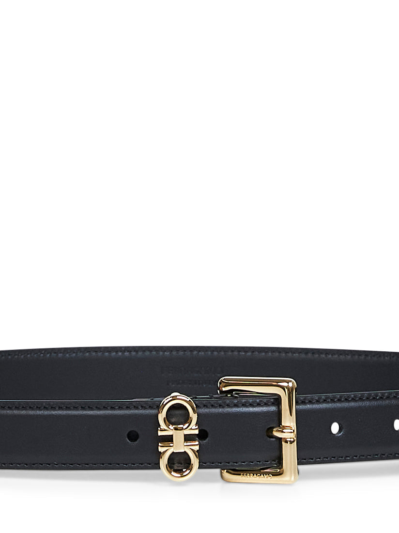 Ferragamo Women Black Smooth Leather Double Gancini Belt FERRAGAMO