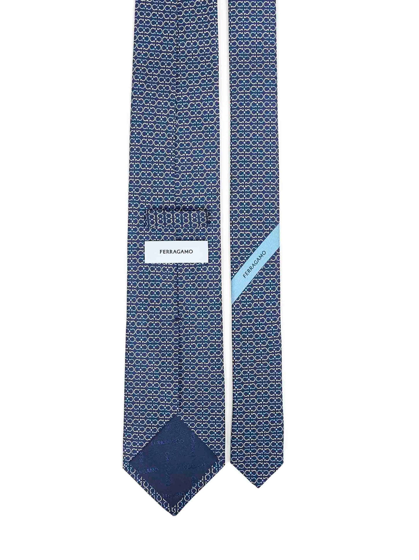Ferragamo Men Marine Blue Gancini Silk Twill Zelig Tie FERRAGAMO