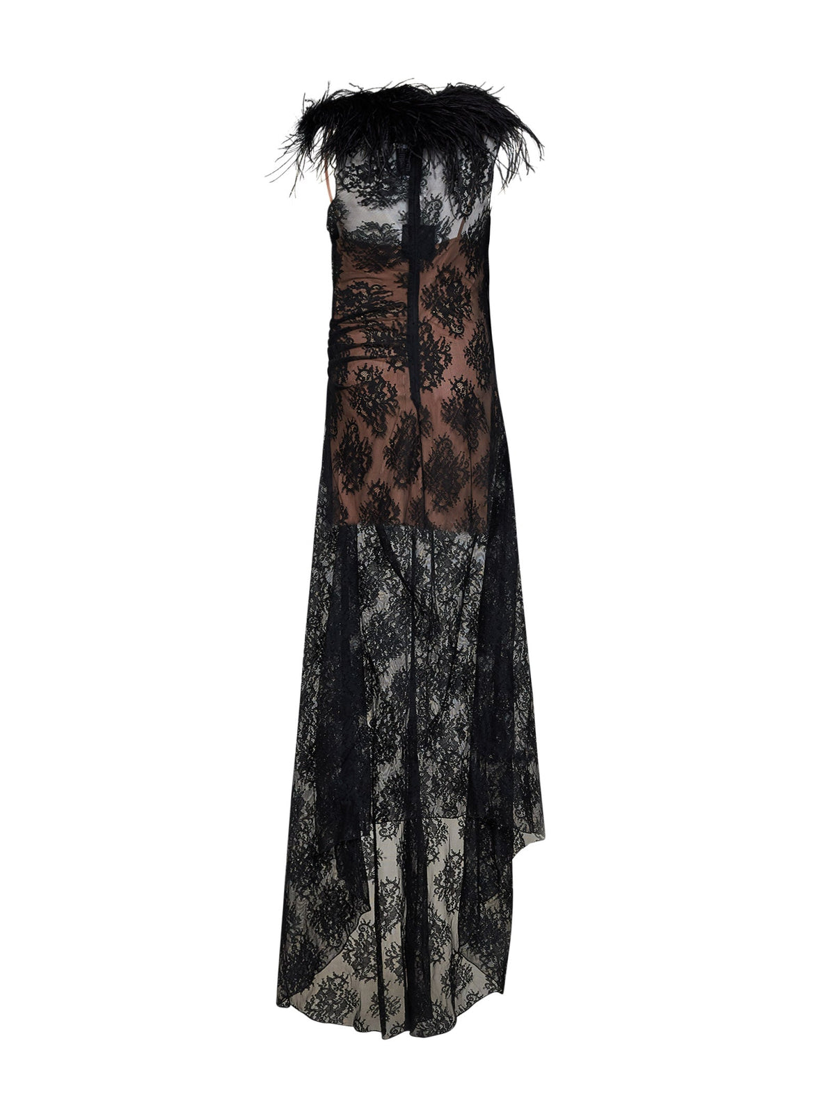 Giuseppe Di Morabito Women Black Lace Long Dress With Feather Trim GIUSEPPE DI MORABITO