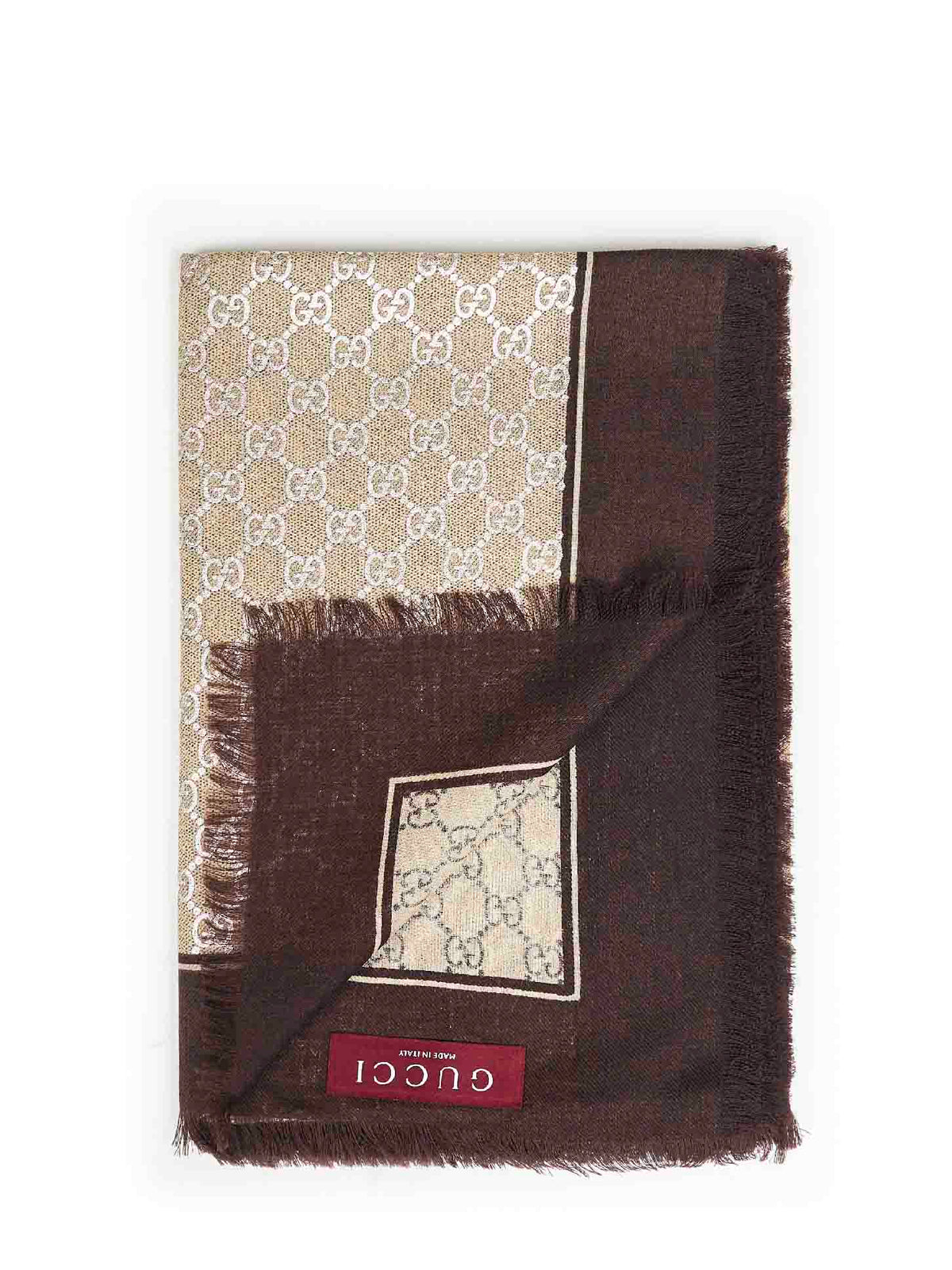 Gucci Women Brown Laminated Gg Wool Shawl GUCCI