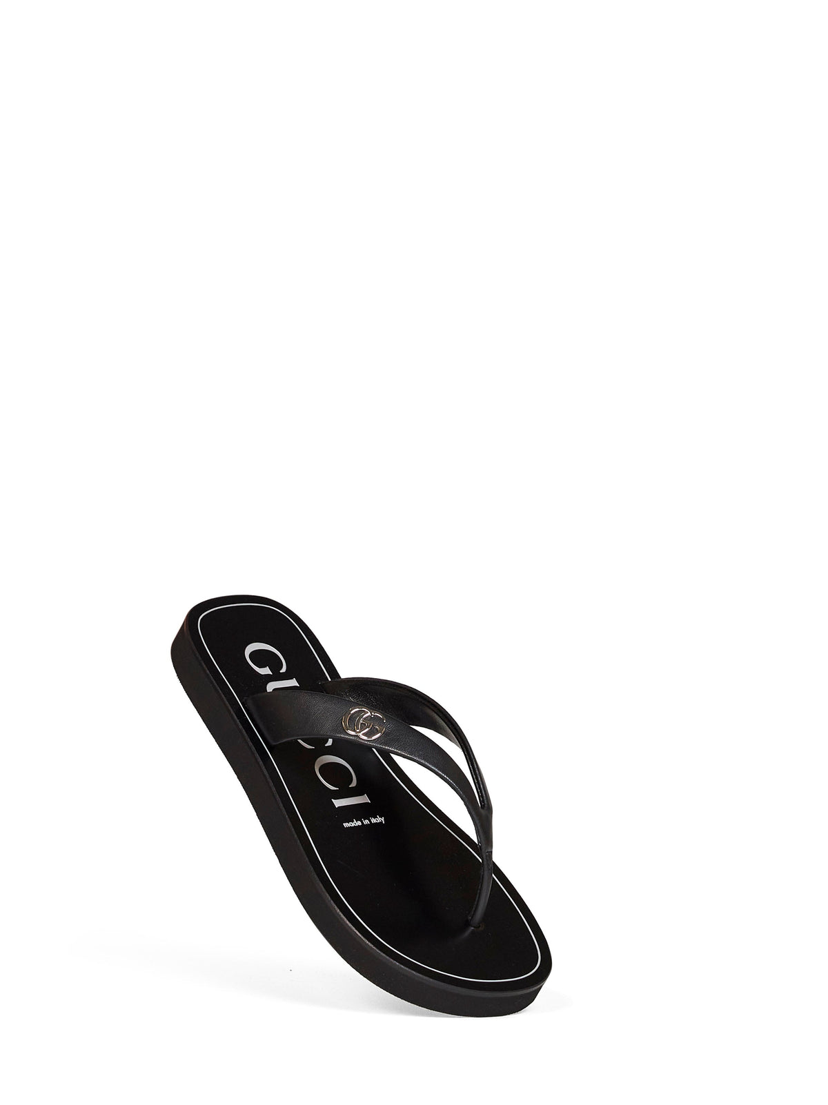 Gucci Women Black Nappa Leather Platform Thong Sandals With Double G GUCCI