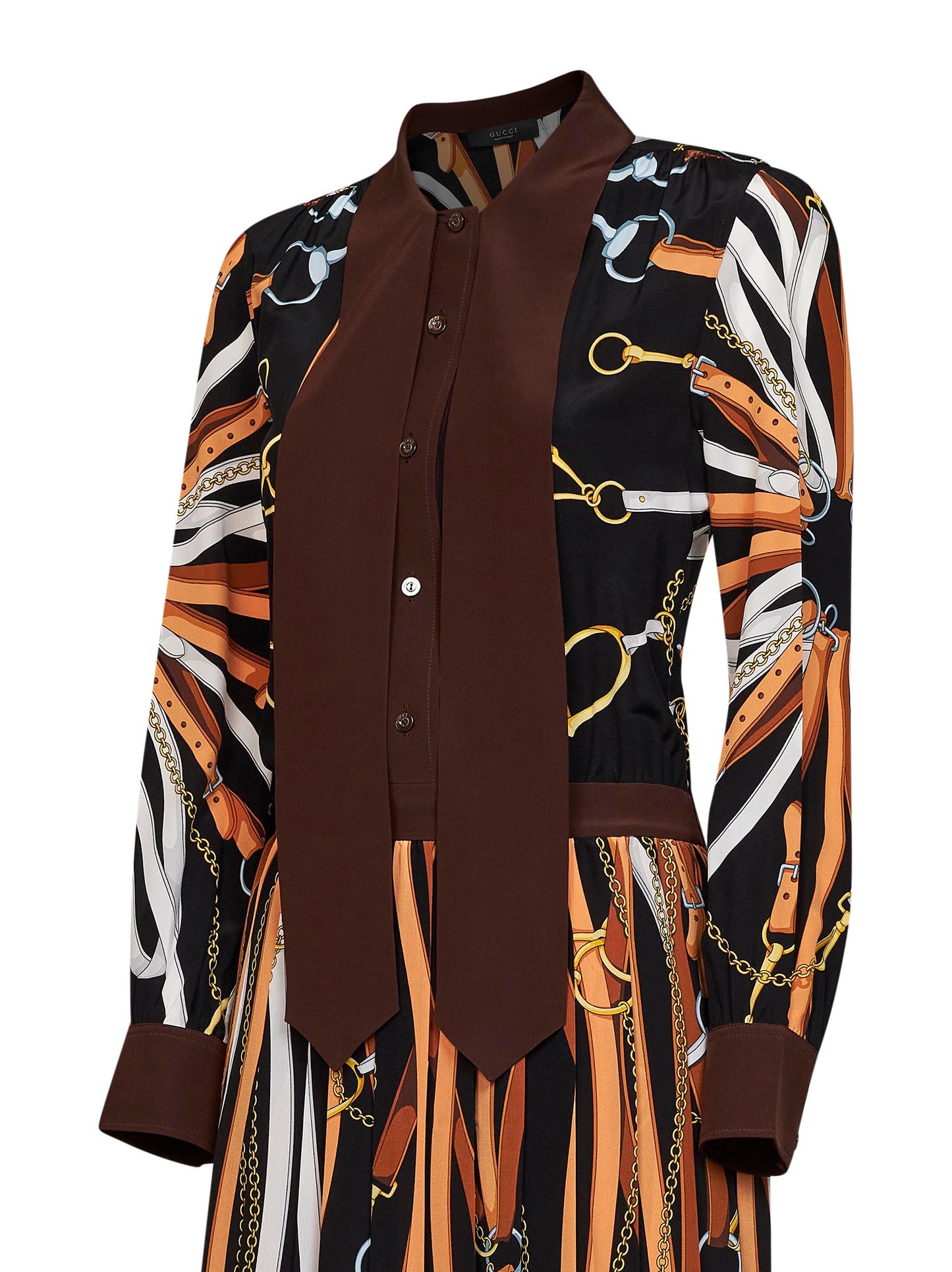 Gucci Women Black And Brown Printed Silk Midi Shirt Dress GUCCI