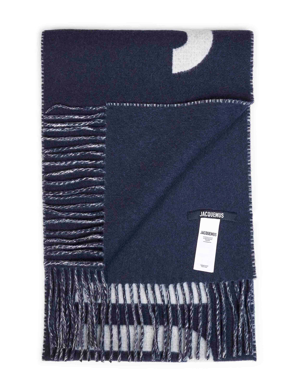 Jacquemus Men Navy Blue Wool The Jacquemus Fringe Logo Scarf<Br/> JACQUEMUS