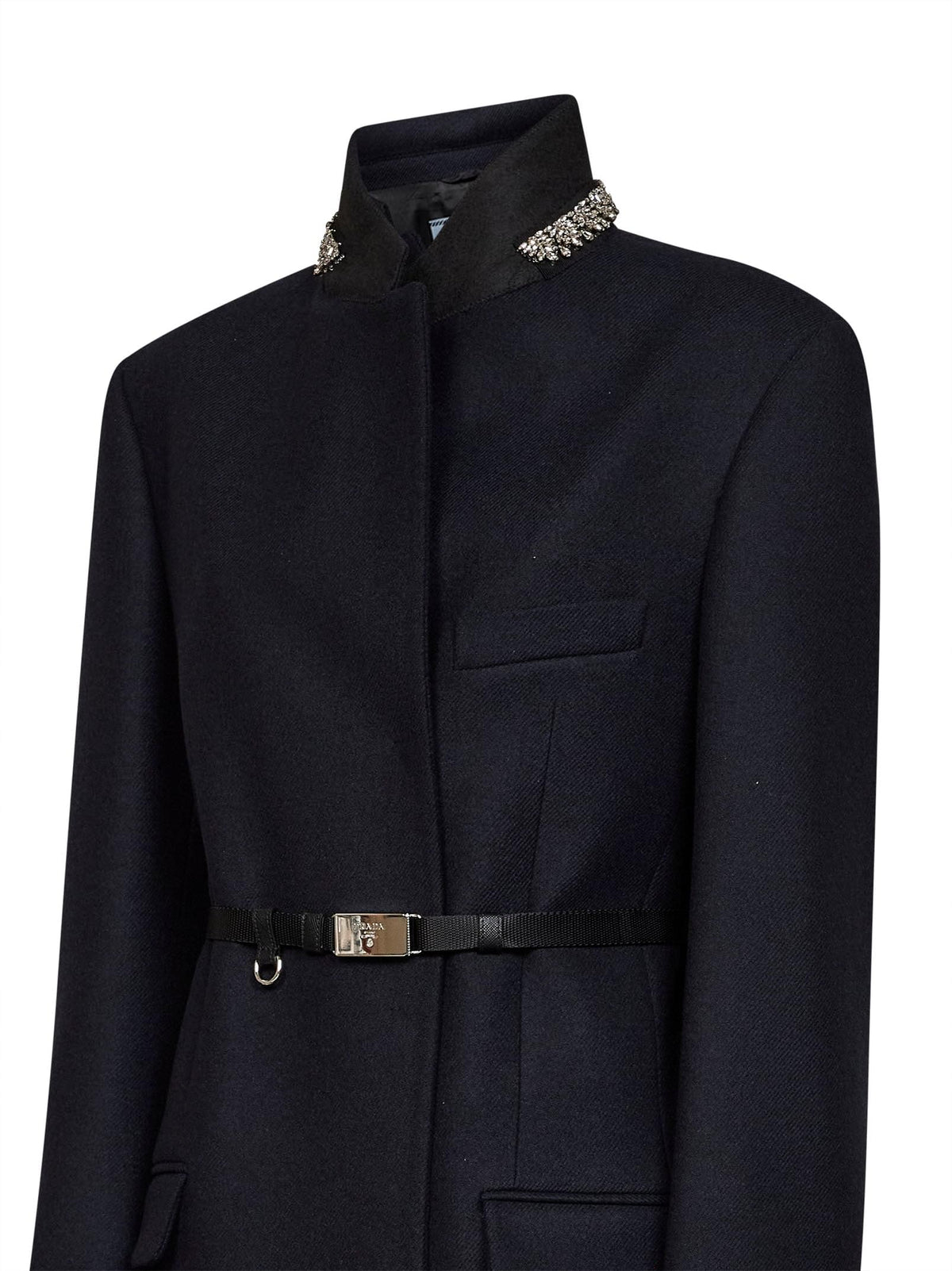 Prada Abbigliamento Women Blue Virgin Wool Embroidered Belted Coat PRADA