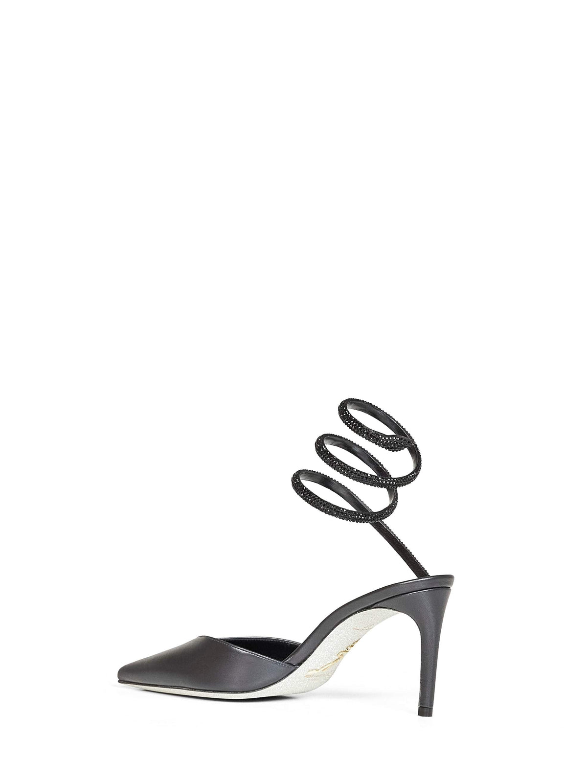 Rene Caovilla Women Black Nappa Leather Slingback Pumps With Crystal Snake Spiral RENE CAOVILLA