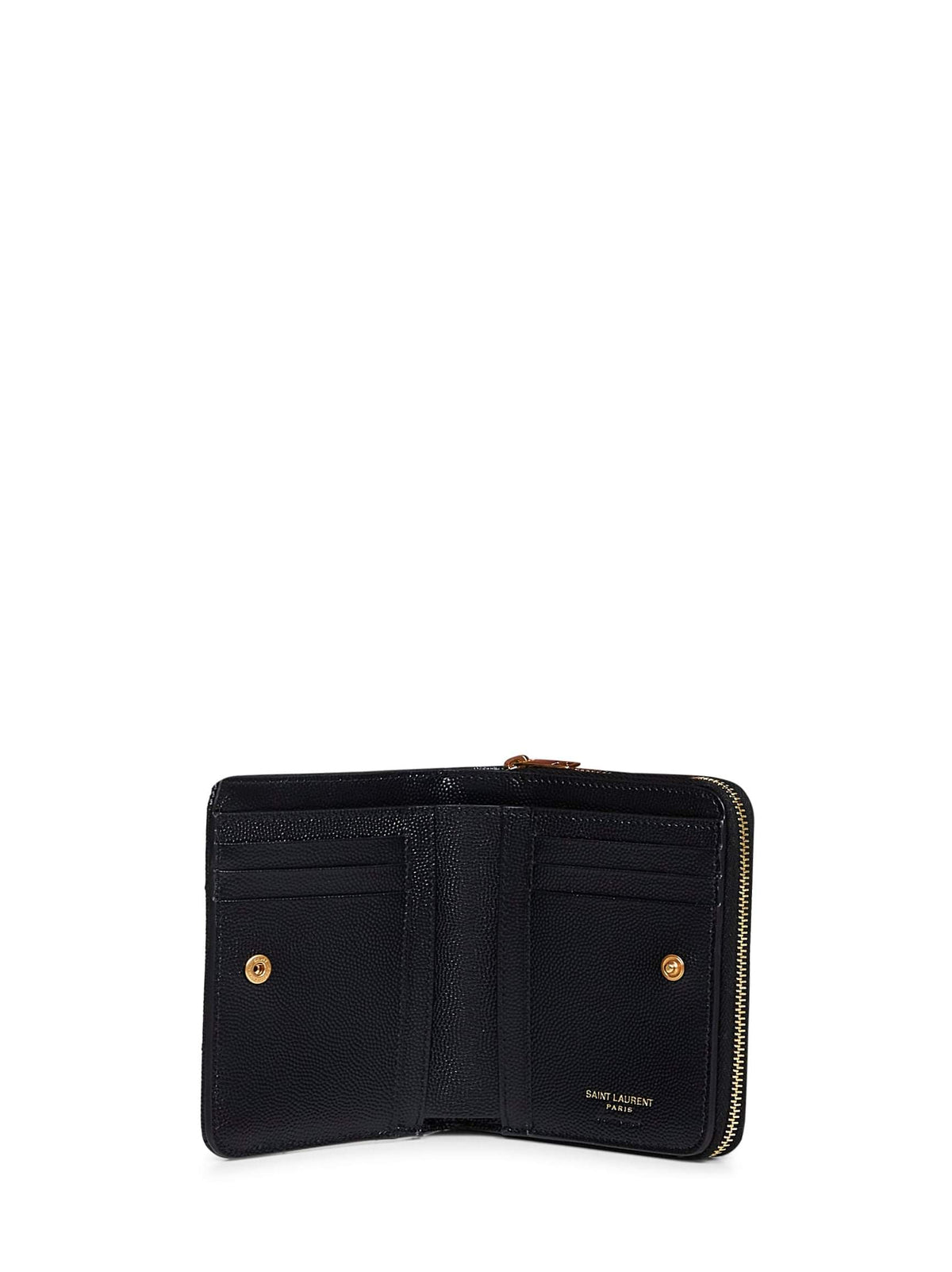 Saint Laurent Women Black Leather Cassandre Compact Zip Around Wallet SAINT LAURENT