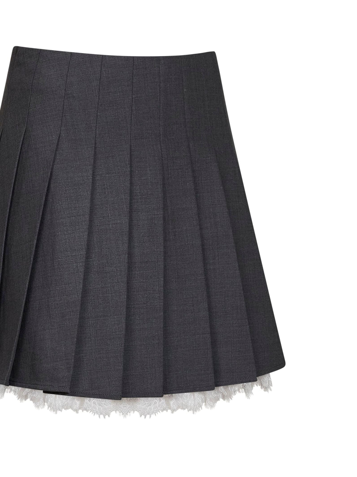 Self Portrait Women Grey Wool Blend Pleated Mini Skirt With Lace Insert SELF-PORTRAIT