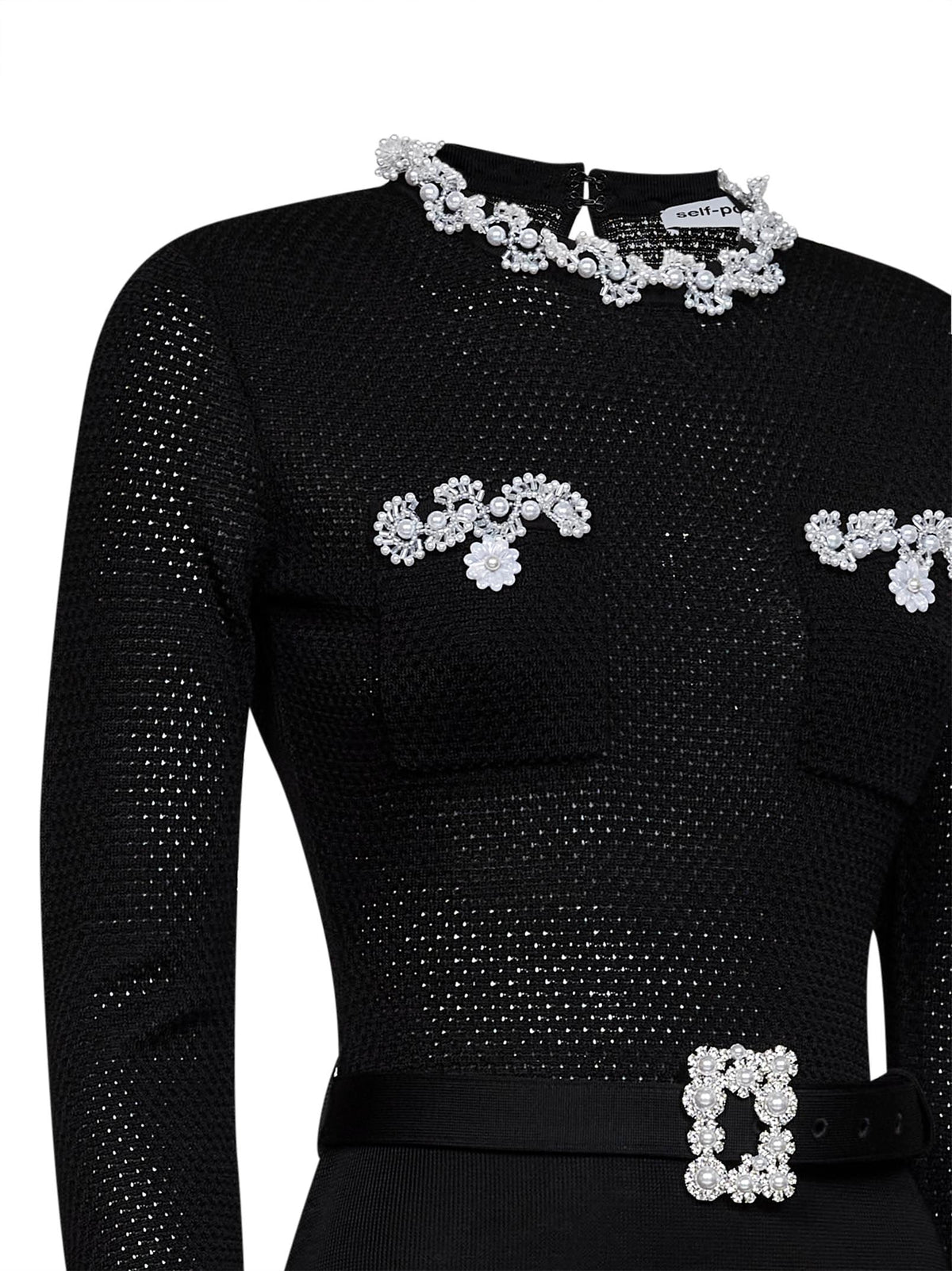Self Portrait Women Black Knit Midi Dress With Beaded Embroidery SELF-PORTRAIT