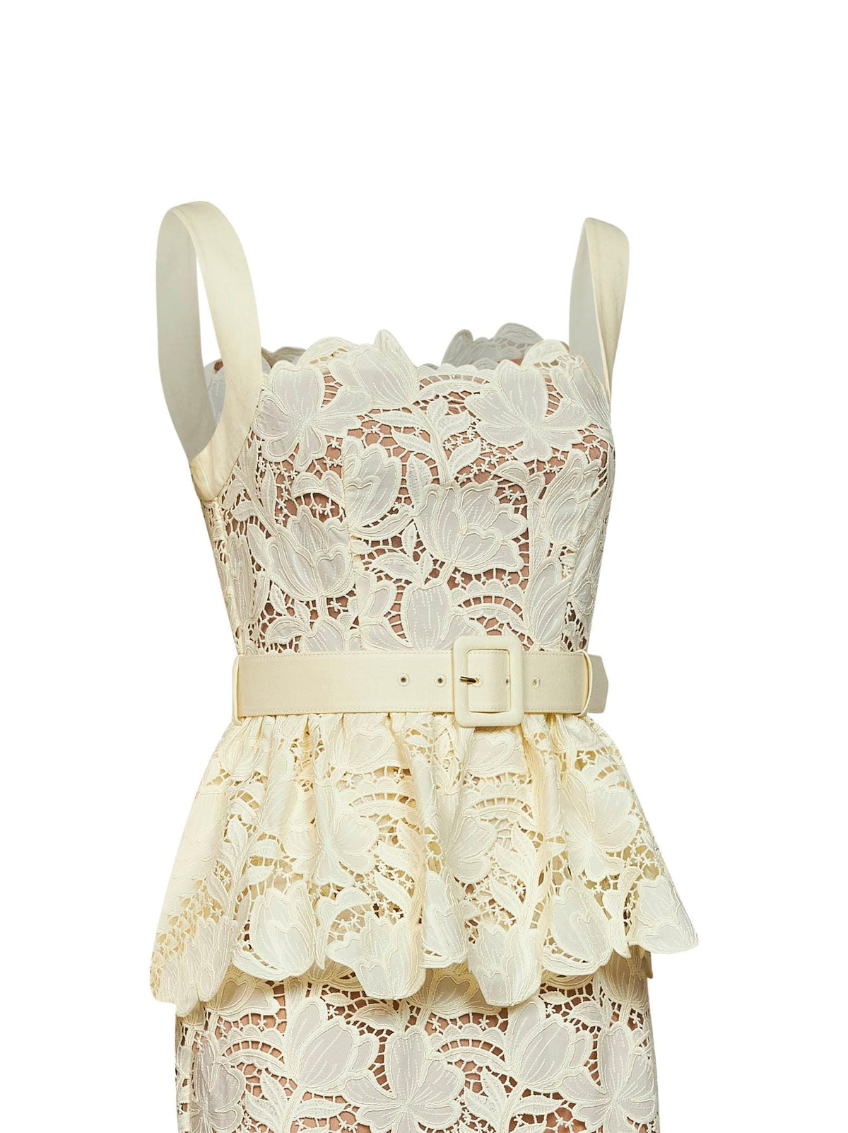 Self Portrait Women Yellow Macramé Lace Belted Peplum Midi Dress SELF-PORTRAIT
