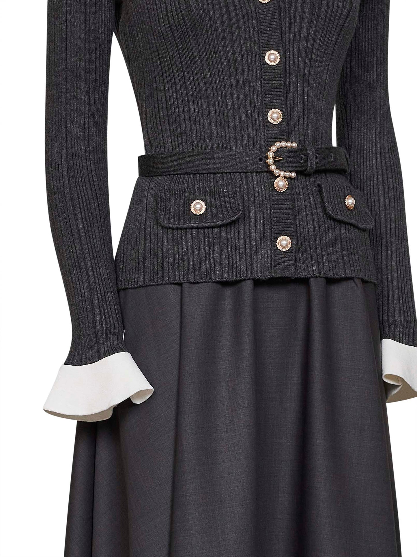 Self Portrait Women Grey Knit And Twill Belted Midi Dress SELF-PORTRAIT