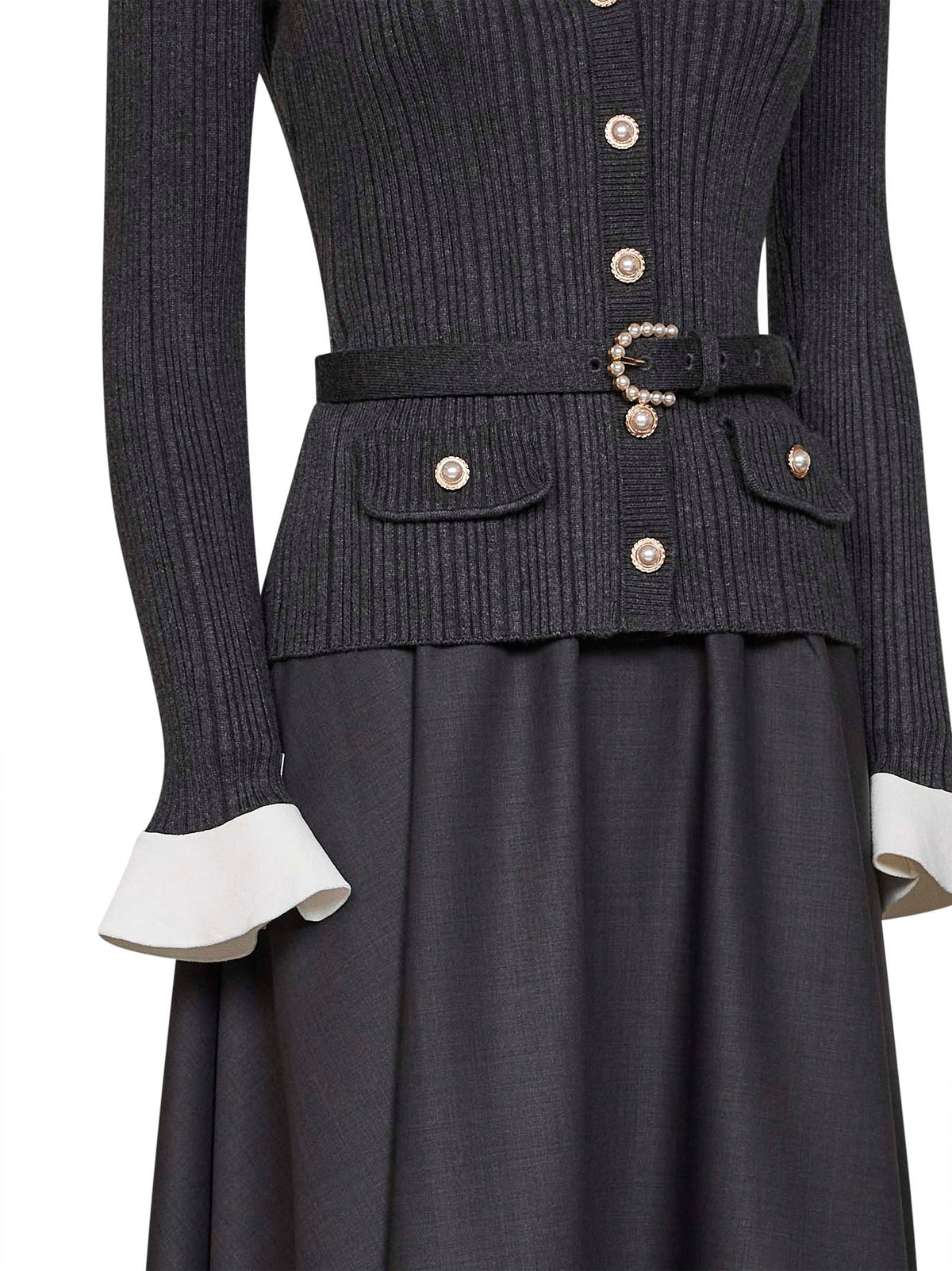 Self Portrait Women Grey Knit And Twill Belted Midi Dress SELF-PORTRAIT
