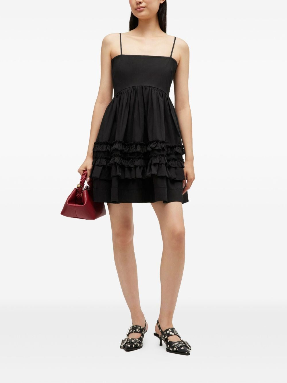 Ganni Women Black Mini Dress With Ruffles GANNI