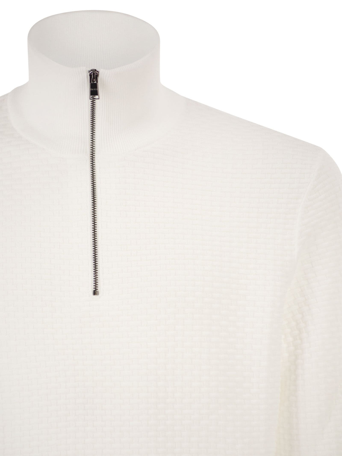 Boss Men Textured Cotton Sweater With High Neck And Zip BOSS
