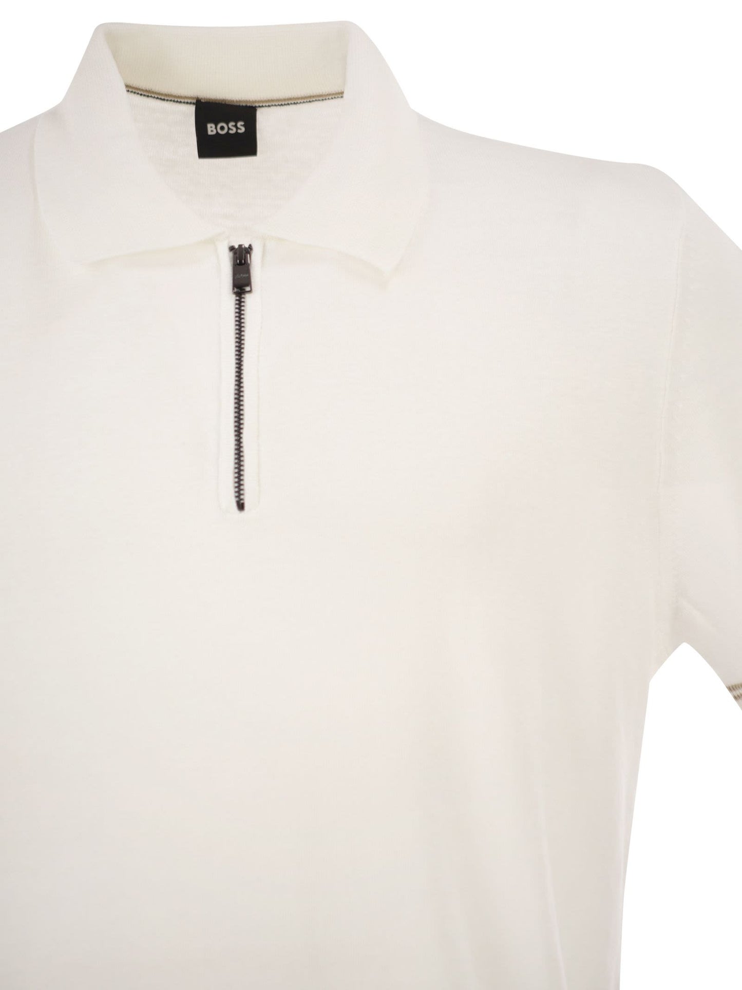 Boss Men Linen And Viscose Polo Shirt With Zip And Contrast Trims BOSS