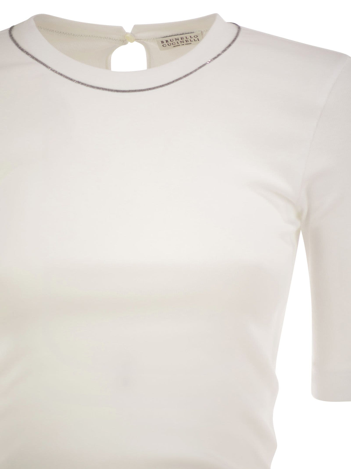 Brunello Cucinelli Women Ribbed Stretch Cotton T-Shirt With Monili Trim BRUNELLO CUCINELLI