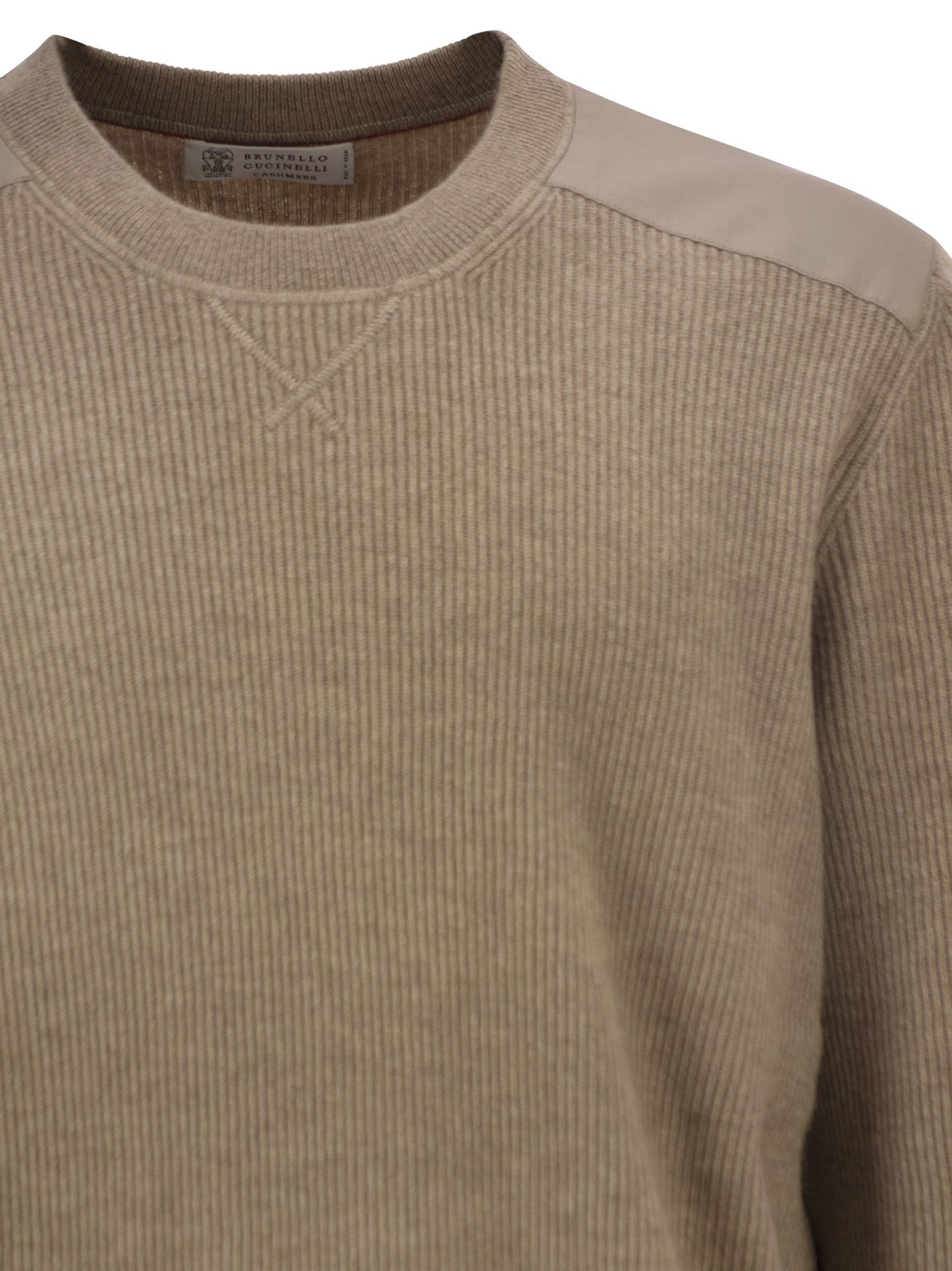 Brunello Cucinelli Men Pure Cashmere Ribbed Crew-Neck Sweater With Cotton Details BRUNELLO CUCINELLI