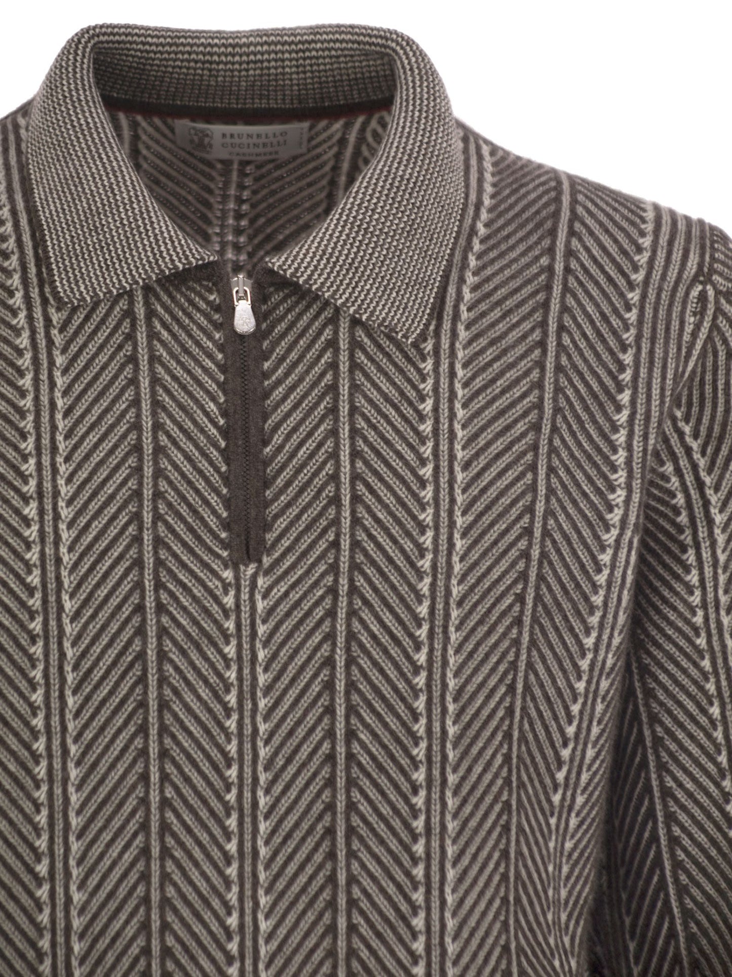 Brunello Cucinelli Men Vanisé Chevron Cashmere Sweater With Polo Neck And Zip Opening BRUNELLO CUCINELLI