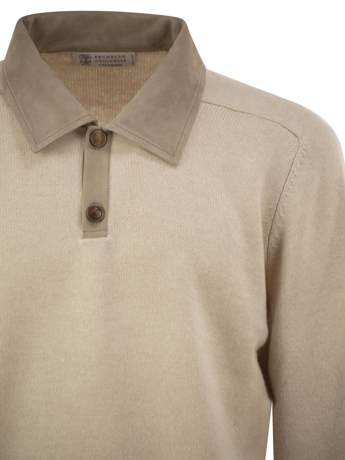 Brunello Cucinelli Men Pure Cashmere Polo Jumper With Leather Details BRUNELLO CUCINELLI