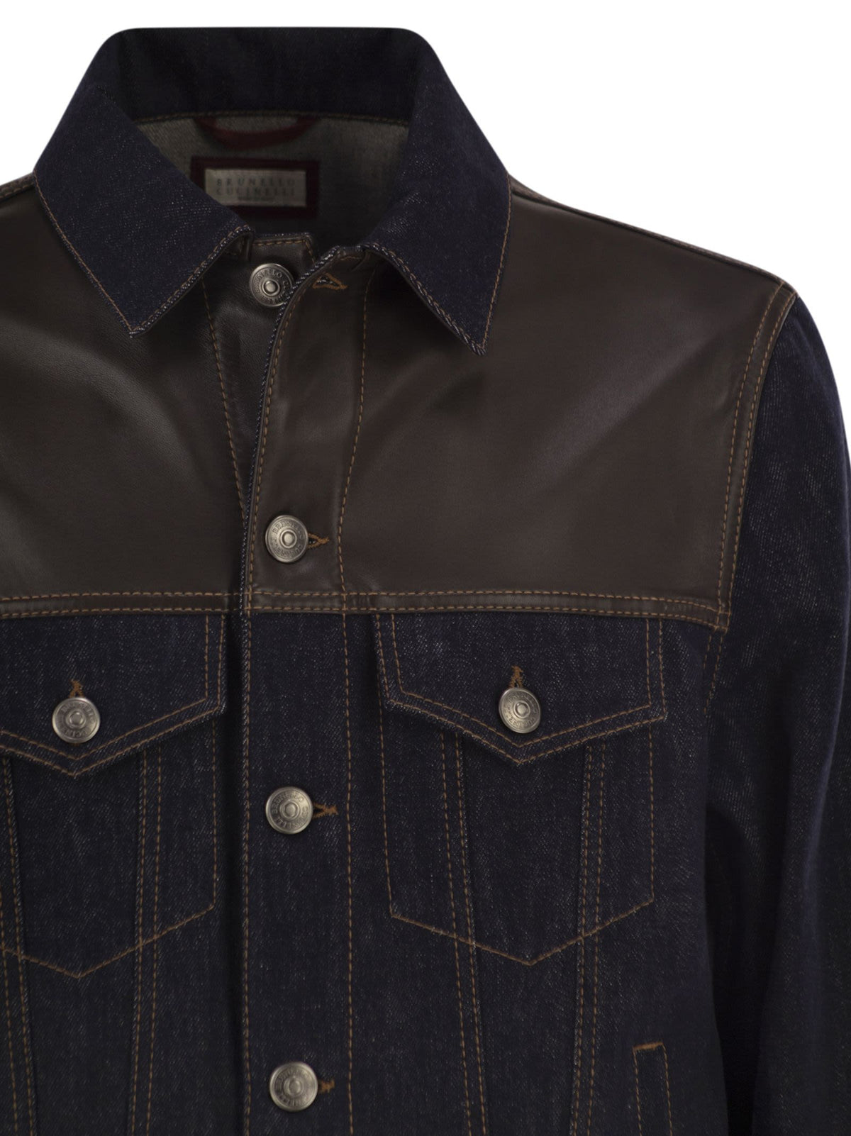 Brunello Cucinelli Men Cotton Denim Jacket With Leather Details BRUNELLO CUCINELLI