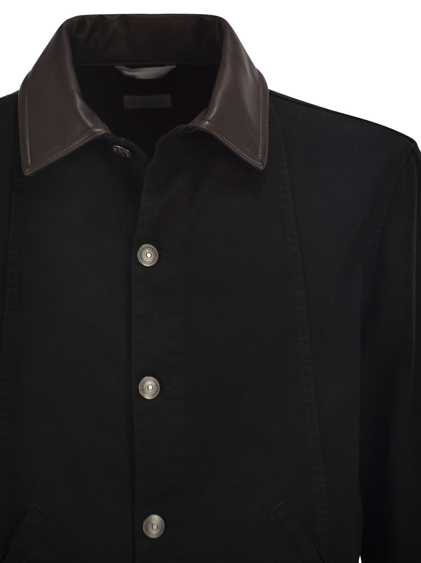 Brunello Cucinelli Men Lightweight Garment-Dyed Cotton Denim Jacket With Leather Collar